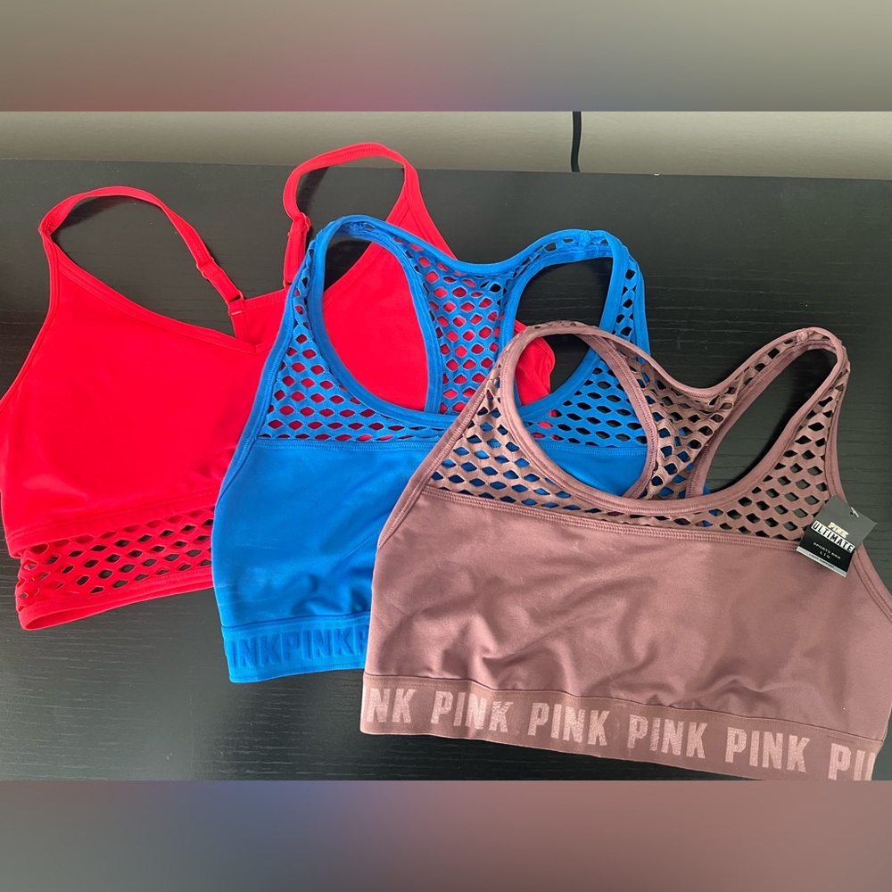 PINK Victoria's Secret Mesh Sports Bra Trio - Red, Blue, Brown